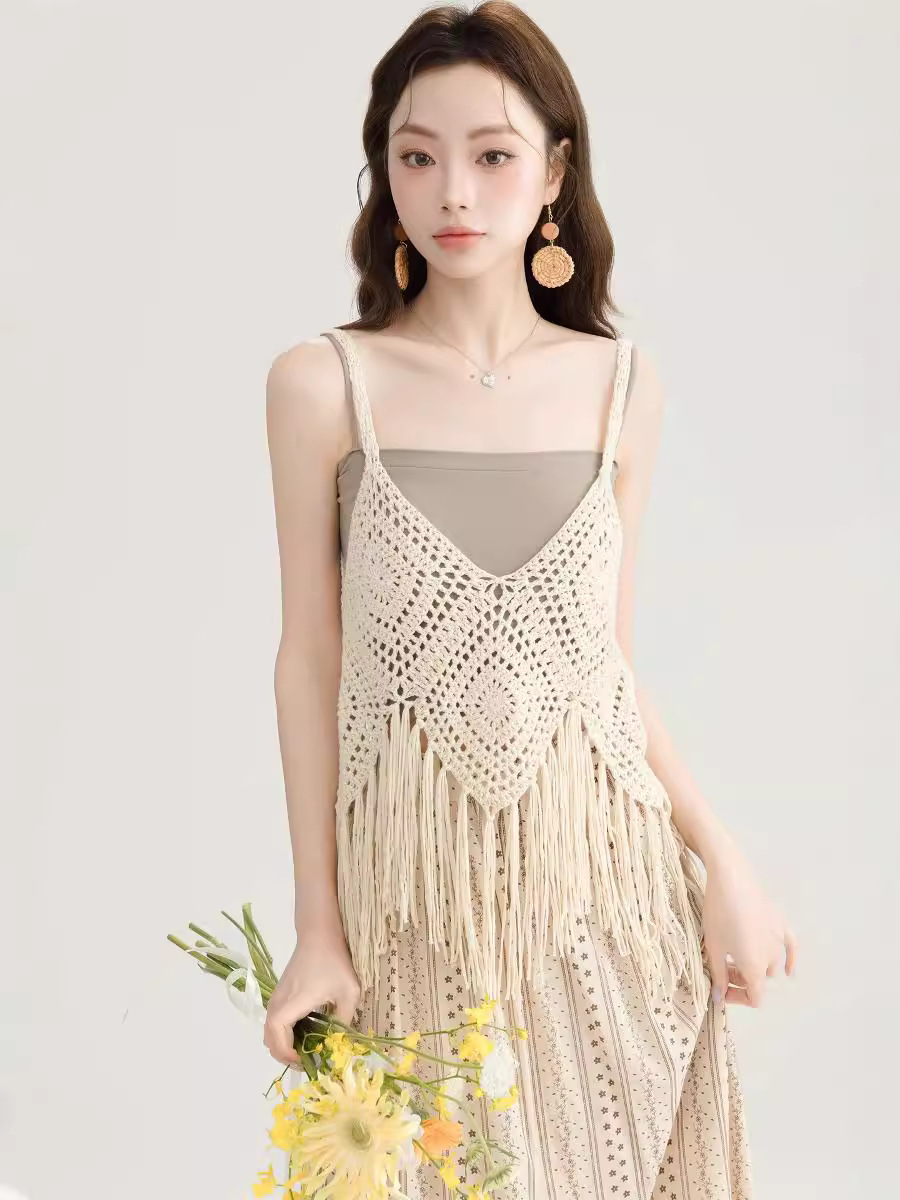Picture of 2024 Fringed Camisole Women's Summer Thin Hollow Crochet Overwear Sleeveless Top Knitted Blouse