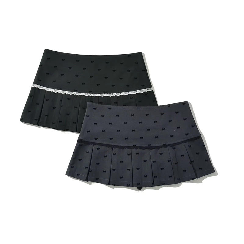 Chic Sweet Spice Girl Bow Lace High Waist Pleated Skirt Summer New Sweet Age-Reducing College Style Mini Skirt