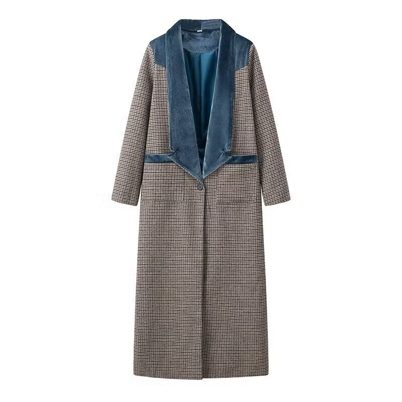 European and American Style Amazon Cross-Border Wholesale 2024 Autum New Fashion Versatile Long Plaid Woolen Long-Sleeved Coat