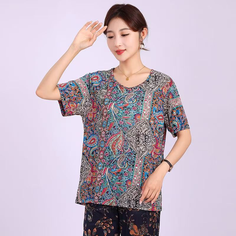 Picture of Middle-aged summer short-sleeved women's T-shirt mother outfit for the elderly loose elastic casual round neck plus size ice silk wholesale