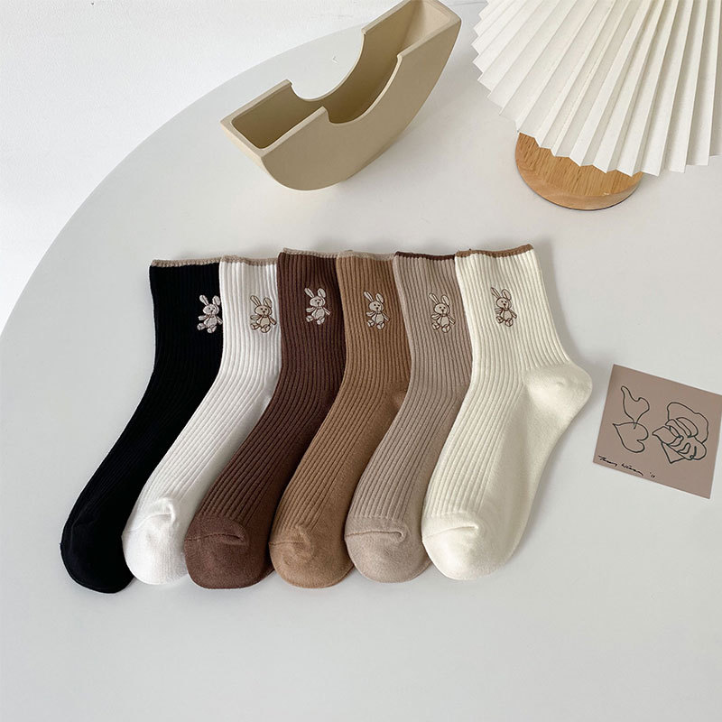 Internet Celebrity Rabbit Embroidered Mid-length Socks Double Needle Women's Socks Four Seasons Cute Stacked Socks ins Trendy Zhuji Socks