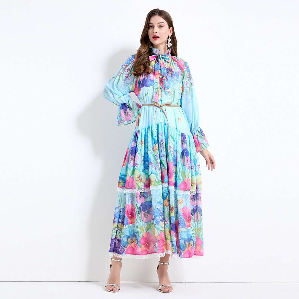 European and American Women's dress 2025 New Palace Style Lace Trumpet Sleeve Buckle Waist Printed Long Skirt