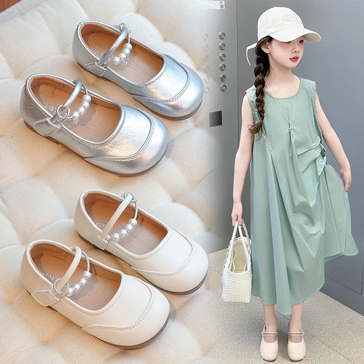 Girls Princess Shoes 2025 Spring and Autumn New Children's silver Leather Shoes Soft Bottom Bean Shoes Girls Mary Jane Shoes Trendy