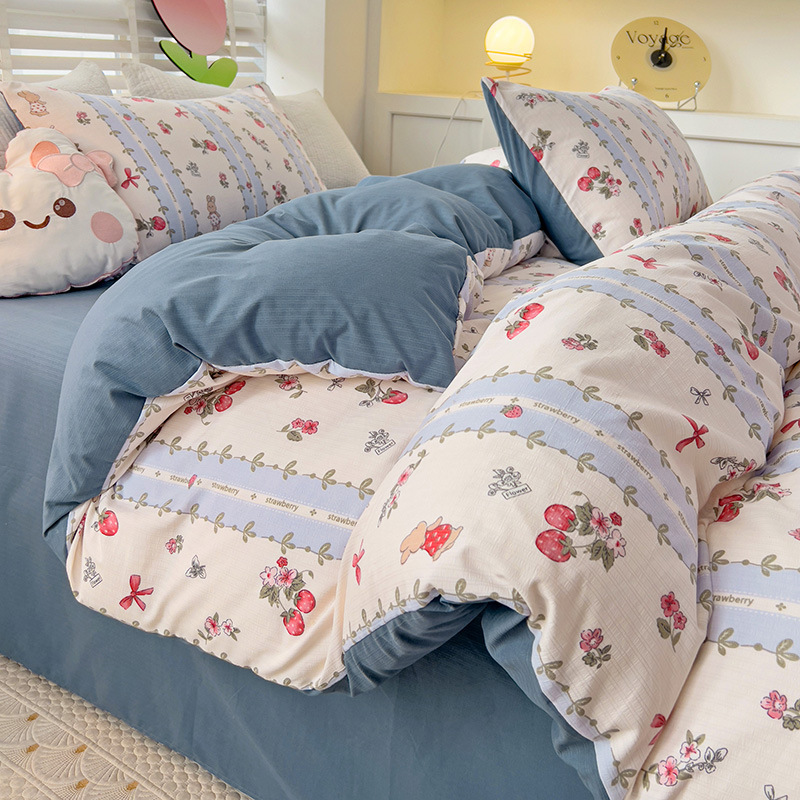 Picture of Class A Maternal and Infant Grade Fresh Small Zhu Cotton Four-piece Set Washed Cotton Bed Sheet Quilt Cover Three-piece Set for Student Dormitory