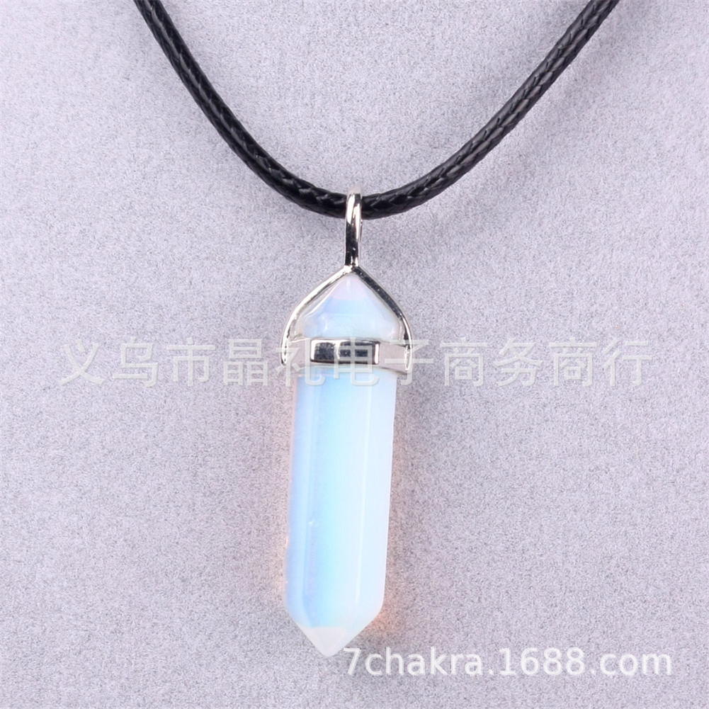 Picture of Natural Stone Hexagonal Pendant European and American Natural Crystal Hexagonal Prism Bullet Hexahedral Black Wax Rope Necklace