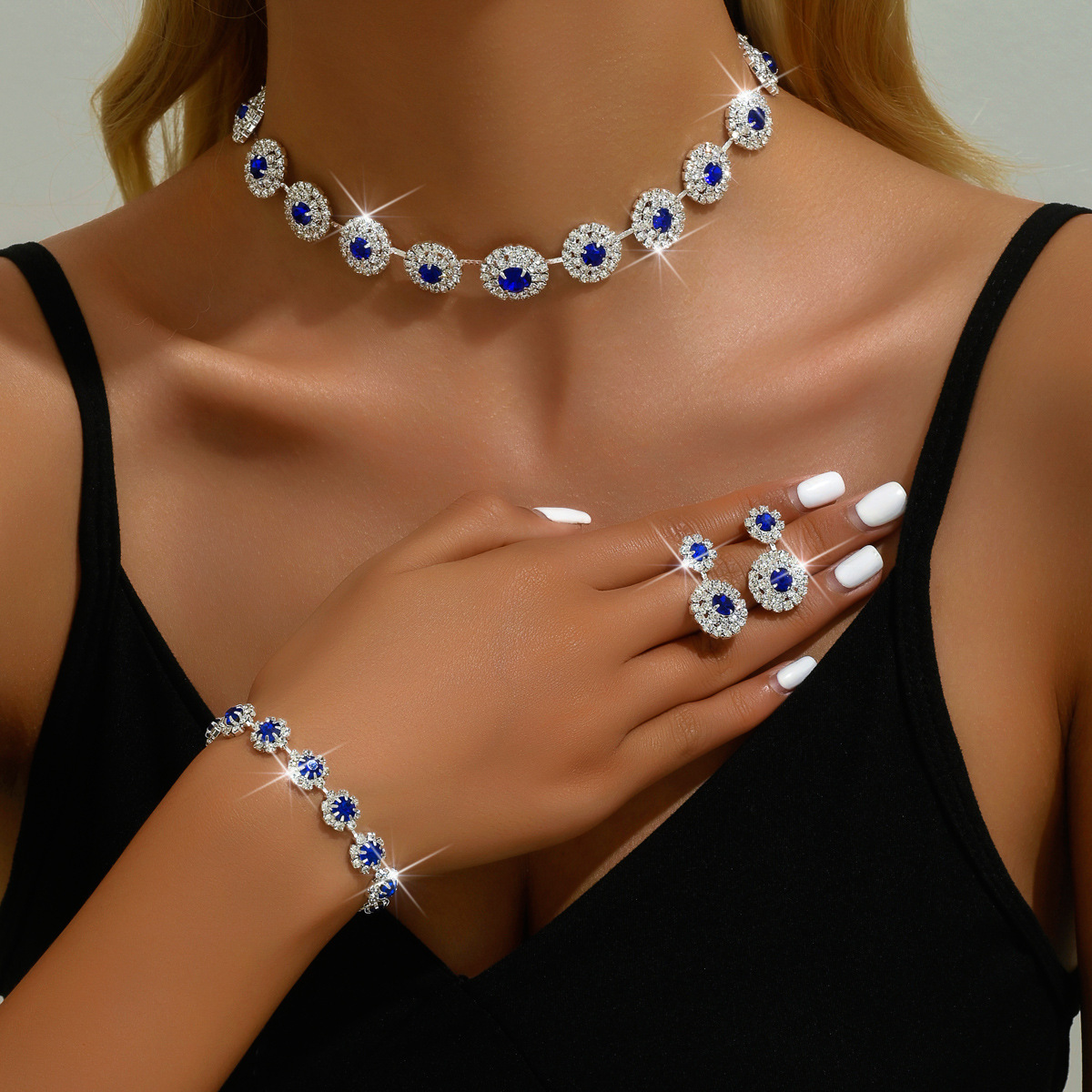 European and American fashion bride suit wedding jewelry necklace earrings bracelet sapphire blue simple suit dress accessories