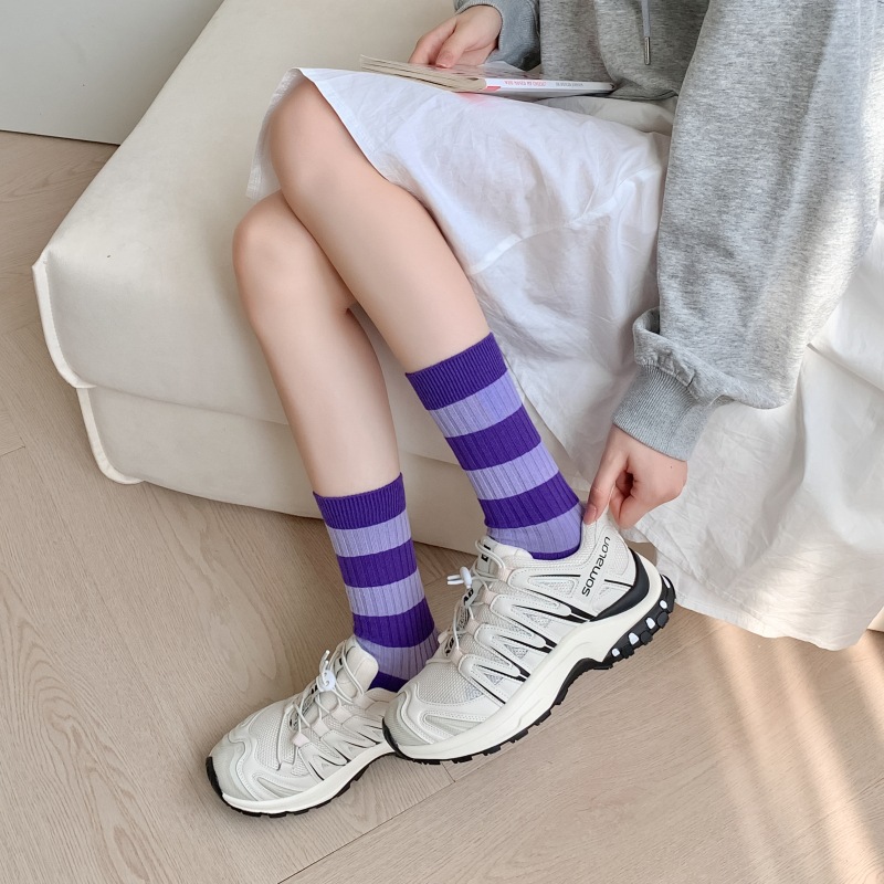 2023 Spring and Summer New Japanese Style Small Square Socks Colorful Striped Stacked Socks ins Internet Popular Trendy Contrast Color Mid-Socks