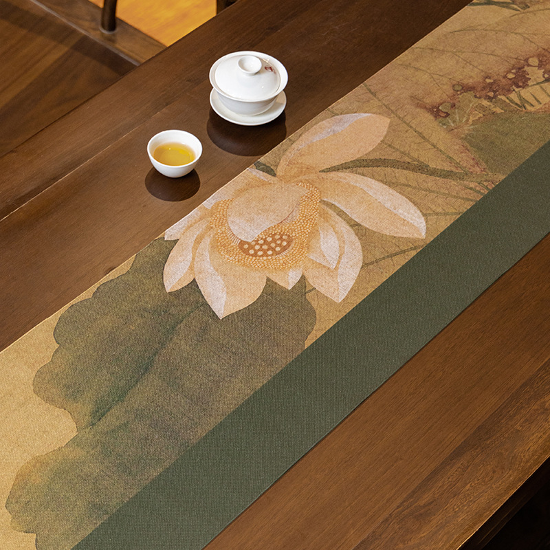 Baihe New Chinese Style Table Flag Advanced Sense Zen Tea Flag Linen Table Mat Light Luxury High-end Tea Table Table Cloth Tablecloth