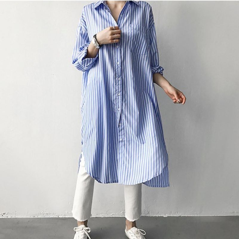 Picture of 2022 early autumn lazy cold wind long striped shirt dress loose plus size women's Korean striped long lining