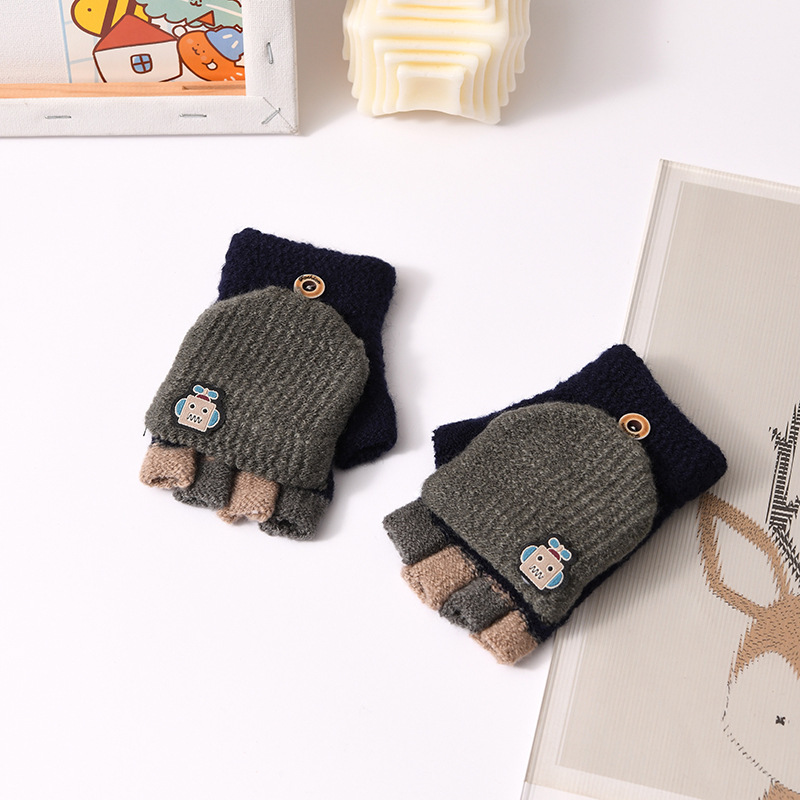 Picture of Children's flip gloves autumn and winter boys half finger warm cute Primary School students writing knitted dual-purpose gloves wholesale