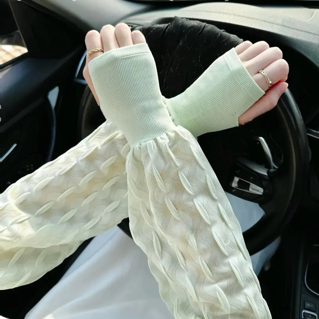 2025 Sun Protection Ice Sleeves Loose Summer Women's Ice Silk Pleated Quick-drying Breathable Driving UV Protection Thin Light for Riding