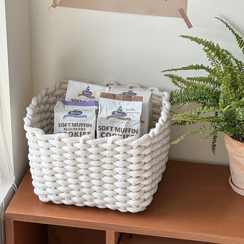 Hand-Woven Desktop Cotton Rope Woven Storage Basket Home Finishing Cosmetic Mask Remote Control Grocery Basket