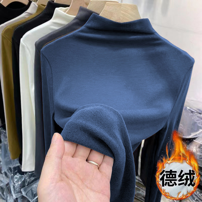 Picture of Derong Warm Bottoming Shirt Solid Color Women's Autumn and Winter Korean Style Plus Velvet Slim Long Sleeve T-Shirt Women's Tops Women's Wholesale