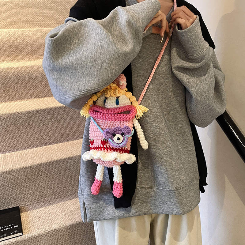 Picture of 2024 Big Mouth Mobile Phone Bag Handmade Woven Bag Crochet Wool Bag Creative Cute Bow Girl Satchel