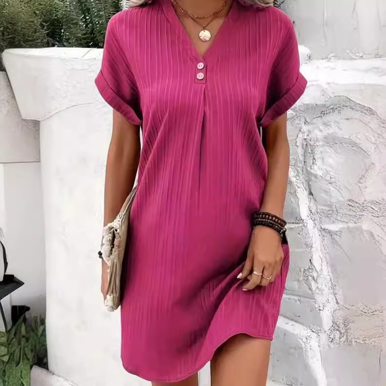 Picture of Cross-border European and American Women's 2023 New Amazon V-neck Solid Color Pullover Comfortable Casual Button Dress