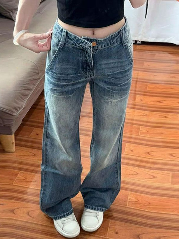 American Design Washed Cracked Wide-Leg Jeans for Women 2025 Summer Mid-Waist Slim Flared Floor-Length Pants Trendy