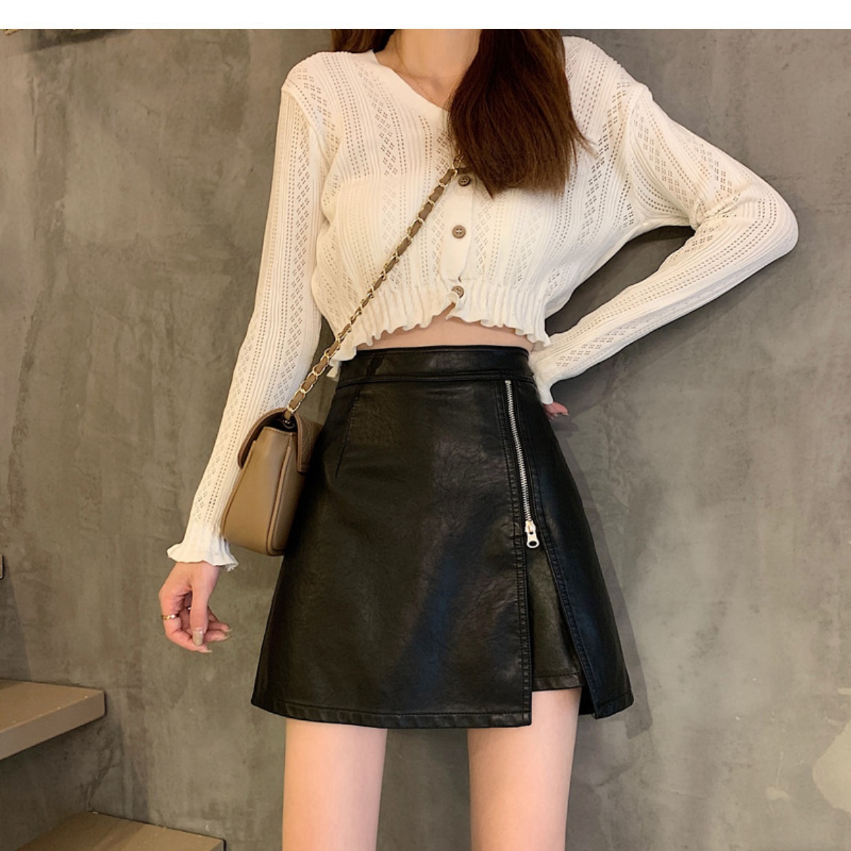 Small Leather Skirt Skirt Women's Spring and Autumn 2023 New Fashion Zipper PU Leather Skirt Slimming High Waist A- Line Skirt Pants