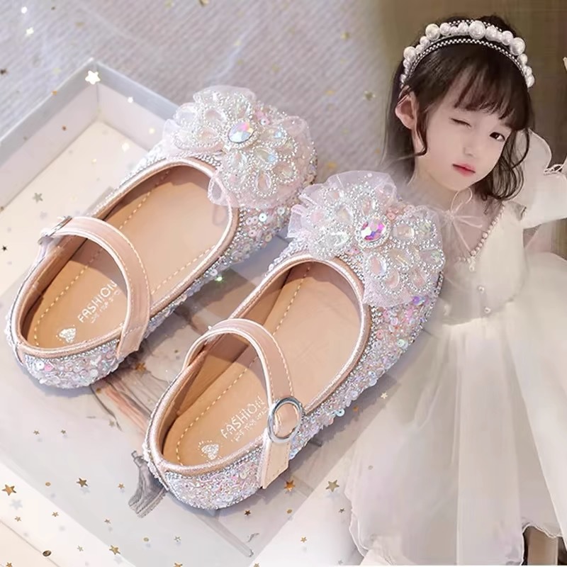 Girls' Crystal Shoes Bow Princess Shoes 2025 New Spring Summer Autumn Children's Leather Shoes Soft Sole Girl Baby Shoes