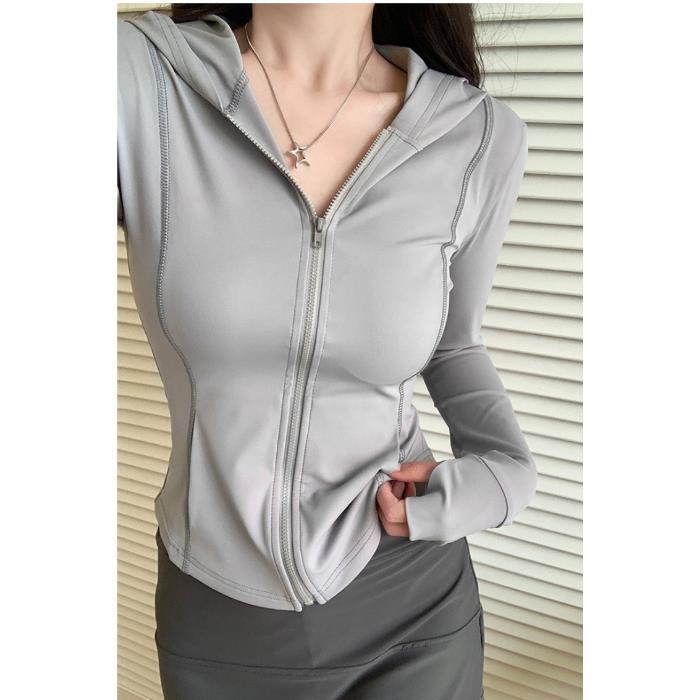Picture of UPF50 Ice Silk Slim-fit Slimming Hooded Sun Protection Clothing Women's Lightweight Sports Zipper Sun Protection Clothing Cardigan Short Jacket
