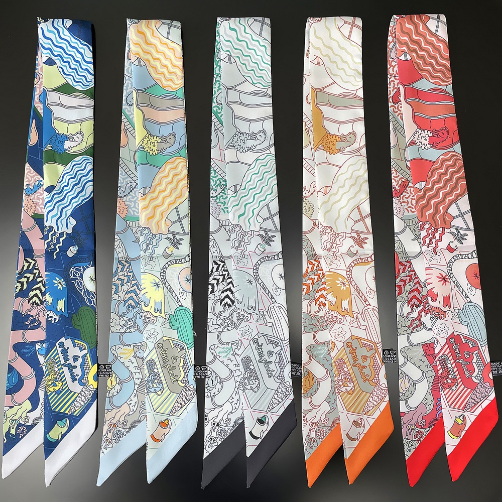 French Fashion New Underwater World Twill Women's Decorative Wrapping Bag Ribbon Scarf Scarf Small Scarf
