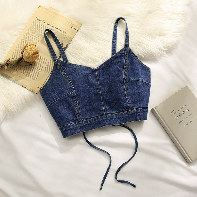 Denim Camisole Small Vest Women's chic Fashion Short Strap Design Sense Slim-fit Beautiful Back Outer Wear Stacked Top for Summer