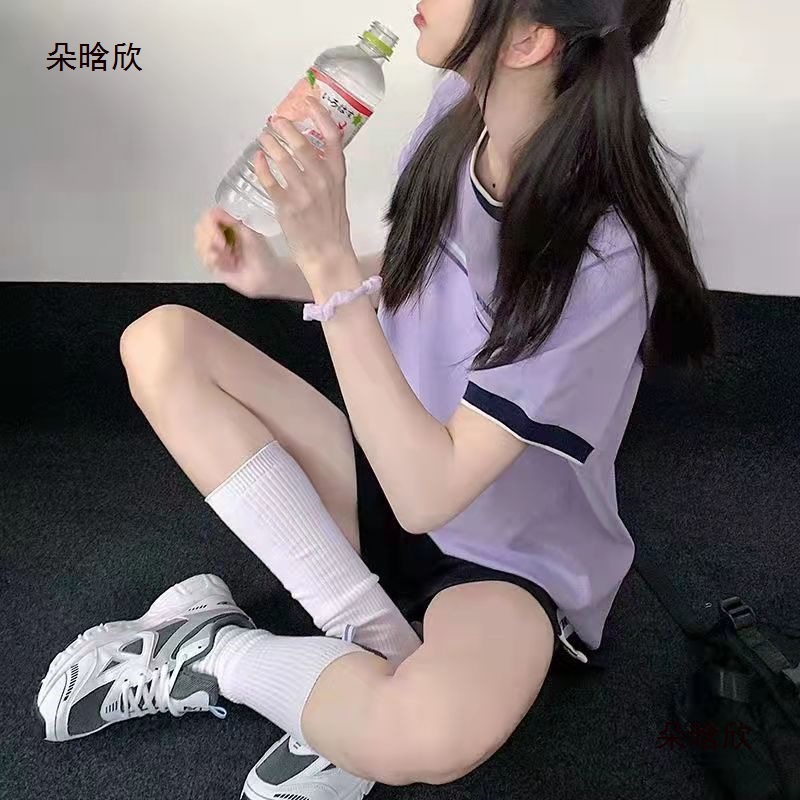 Picture of Cross-Border Purple Sports Suit for Women 2025 Summer Student Casual Large Size Sportswear Short-Sleeved Shorts Two-Piece Set