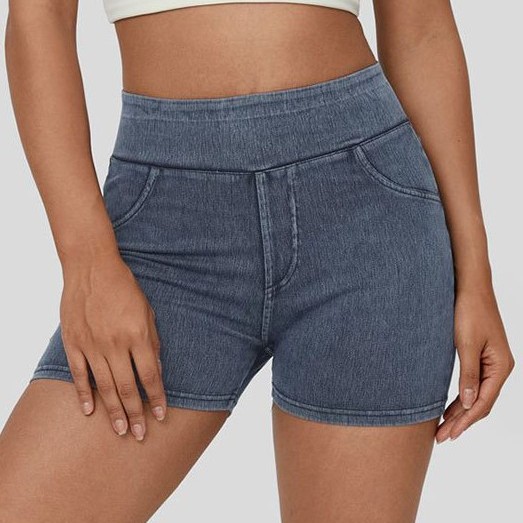 Cross-border Europe and the United States New High Waist Yoga Denim Shorts Women's Stretch Hip Double Pocket Fitness Sports Three-point Pants