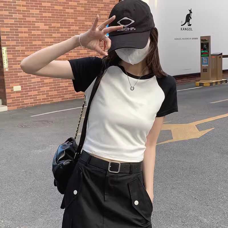 Light Edition White Contrast Color Short-sleeved T-shirt Women's Summer 2024 New European Slim-fit Short Shirt Base Shirt Top Ins