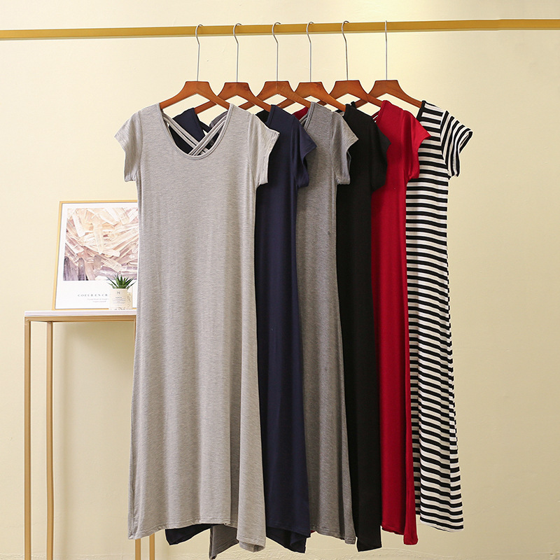 Picture of Modal Beautiful Back Cross Sexy Long Skirt Elegant Simple Short-Sleeved Dress Summer Thin Stripesd Skirt