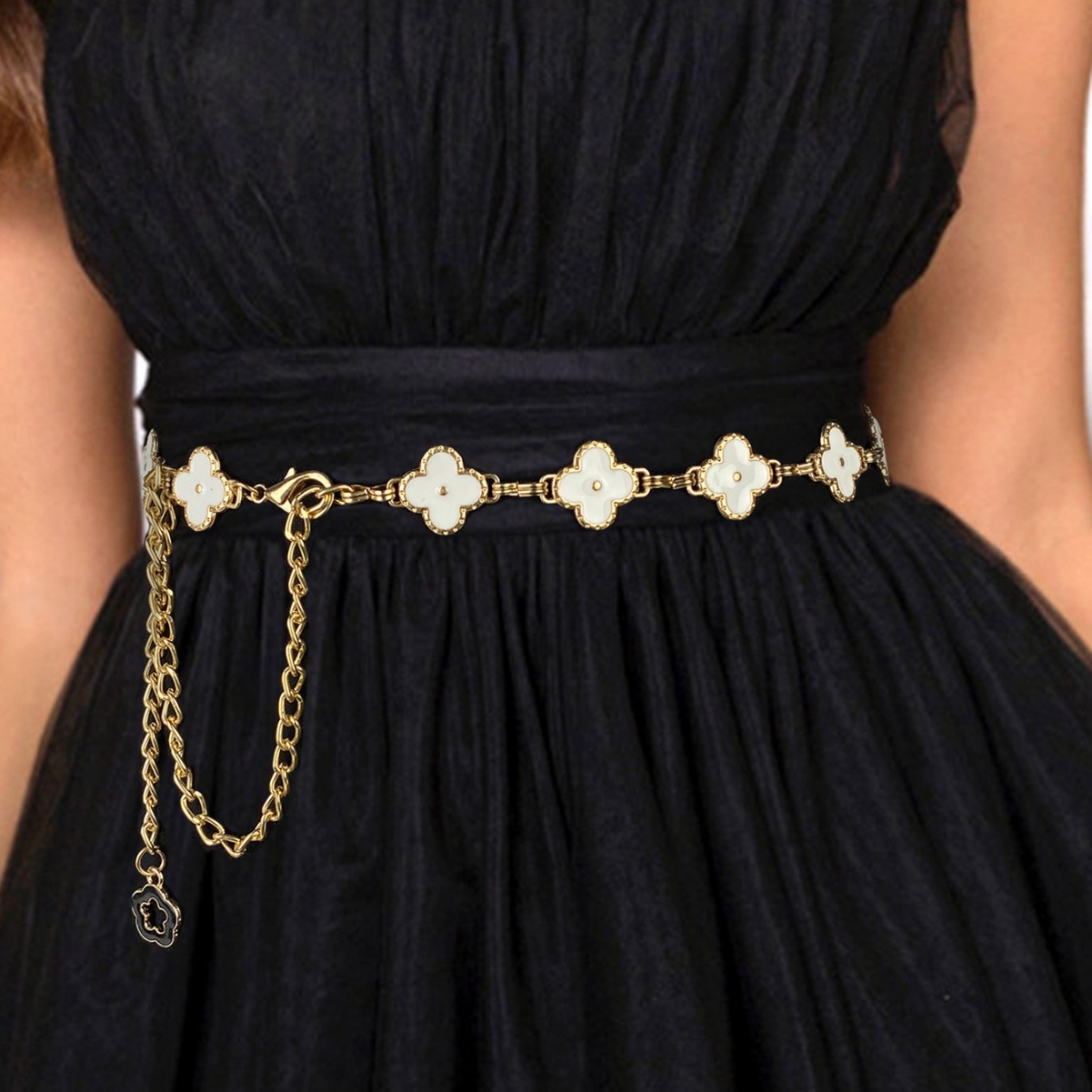Simple Stylish Evening Dress Four-leaf Clover Waist Chain Metal All-match Fashion dress Suit Women's Thin Belt