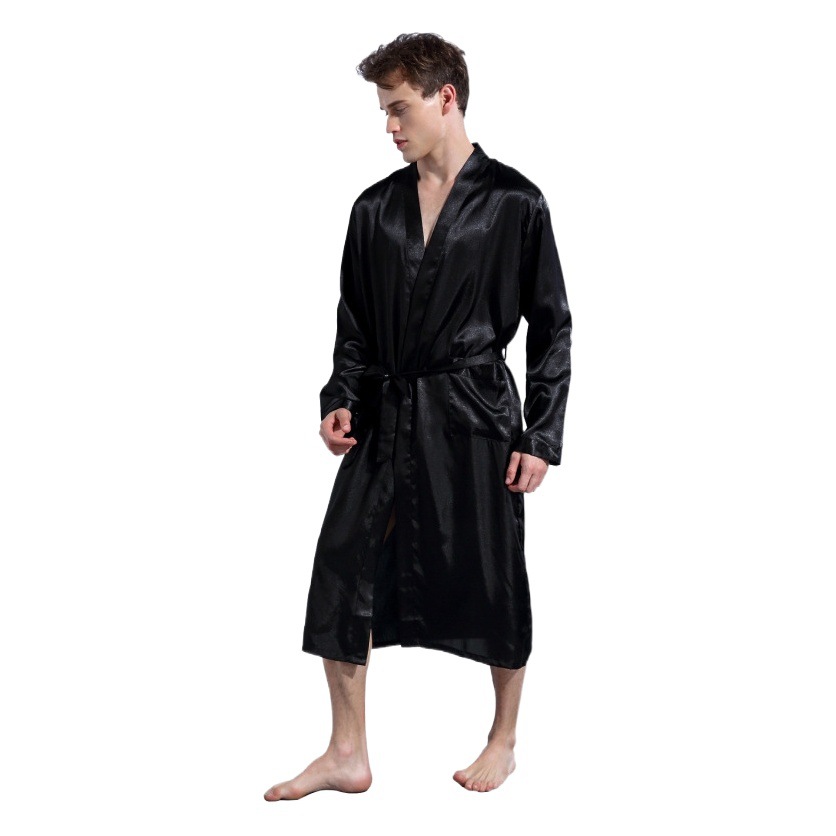 Cross-border Men's Solid Color Robe Thin Cardigan Nightgown Loose plus size Long-sleeved Spring and Autumn Gladier Saded Bathrobe