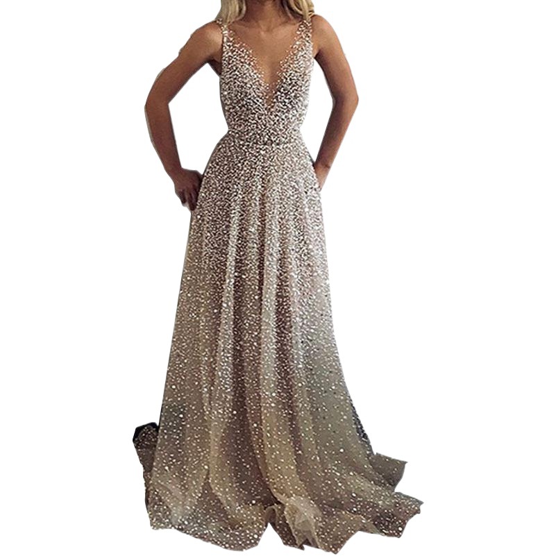 2025 cross-border spring and summer new European and American women's clothing Amazon gold V-neck dress strap gradient mopping dress