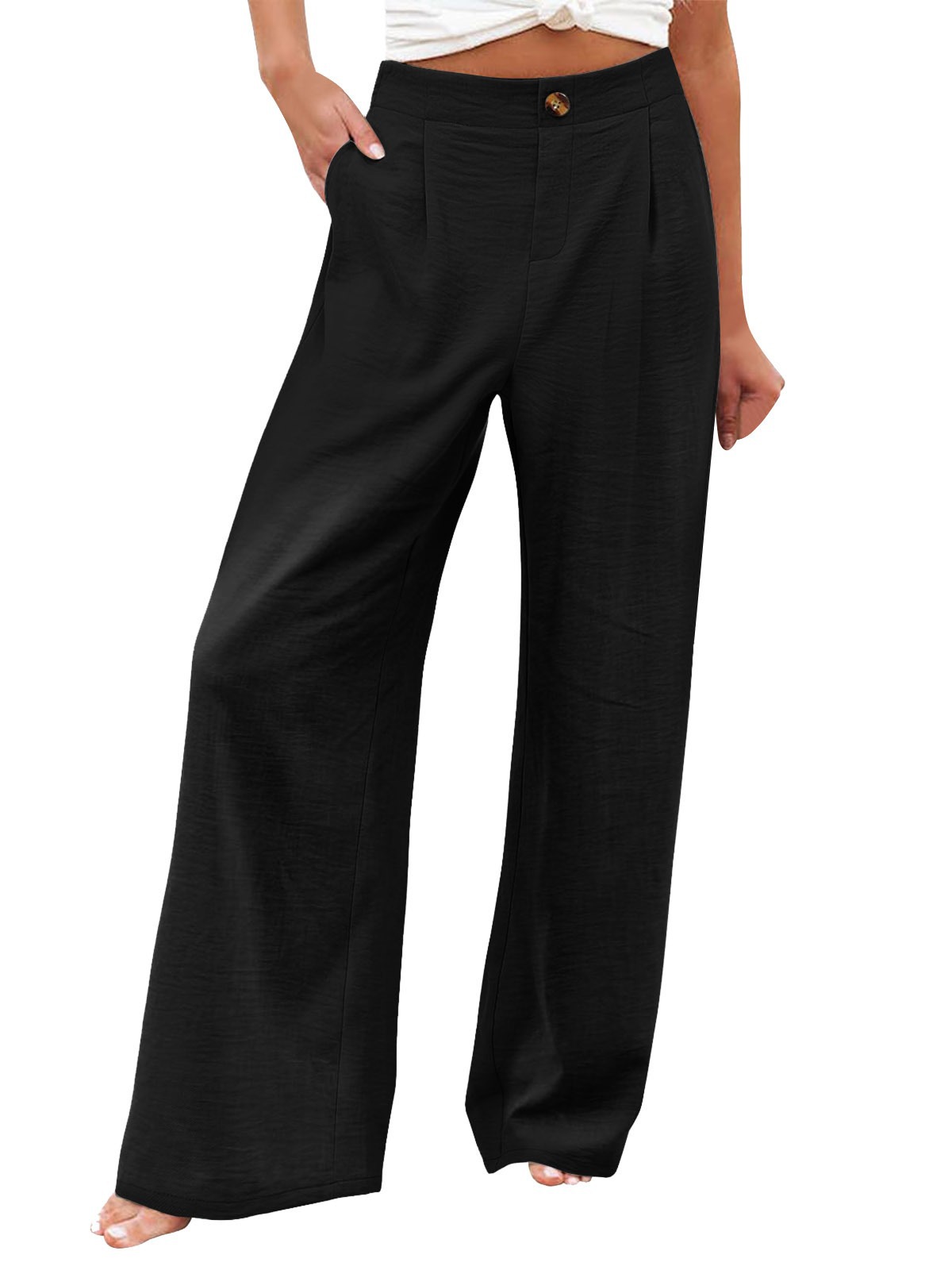 Picture of 2025 Cross-Border Amazon European and American Summer Plaid High Waist Trousers Button Elastic Waist Wide Leg Pants Women's Casual Straight-Leg Pants