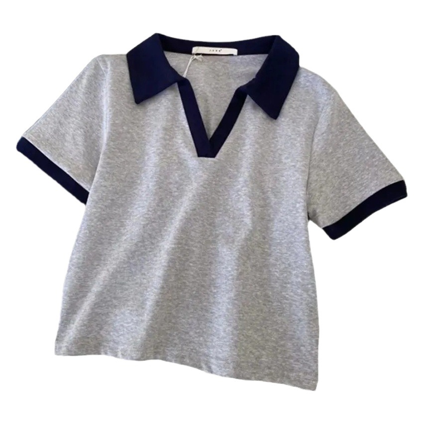 European High Waist Contrast Lapel Short-sleeved T-shirt Women's Summer New Slim-fit All-match Polo Small Shirt Threaded Top Ins