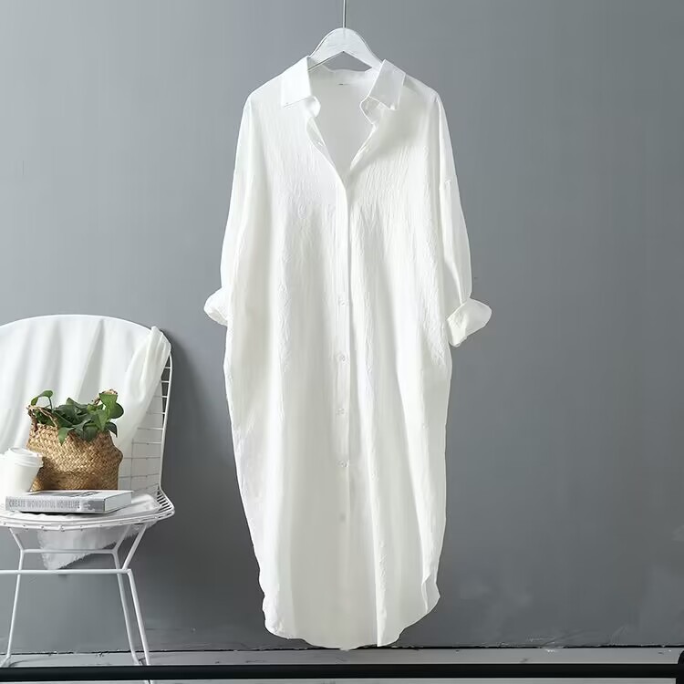 Picture of 25 Shirts for Women Spring & Fall Cotton and Linen Fashionable Korean Style Pure Color Versatile Tops Mid-Length Loose Shirts Long-Sleeved Large Size Tops