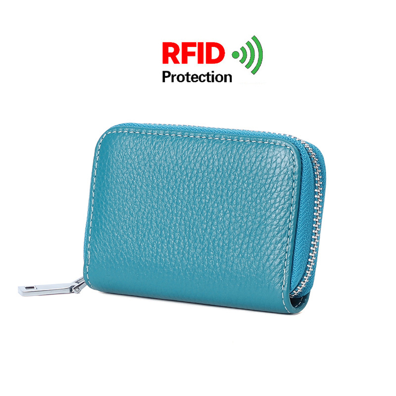 Picture of Zipper card holder unisex first layer cowhide rfid anti-theft brush magnetic leather female card holder