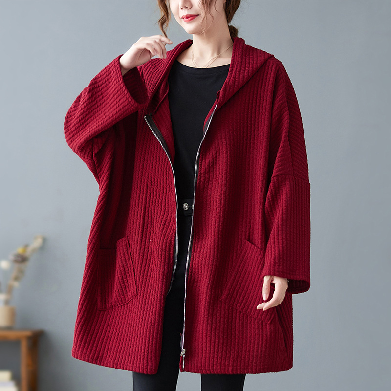 Real Shot of 2025 Spring, Autumn and Winter Woolen Plus Size Women's Clothing, Retro Literary and Artistic Fat mm Belly-Covering, Slimming Look and Versatile Hooded Jacket