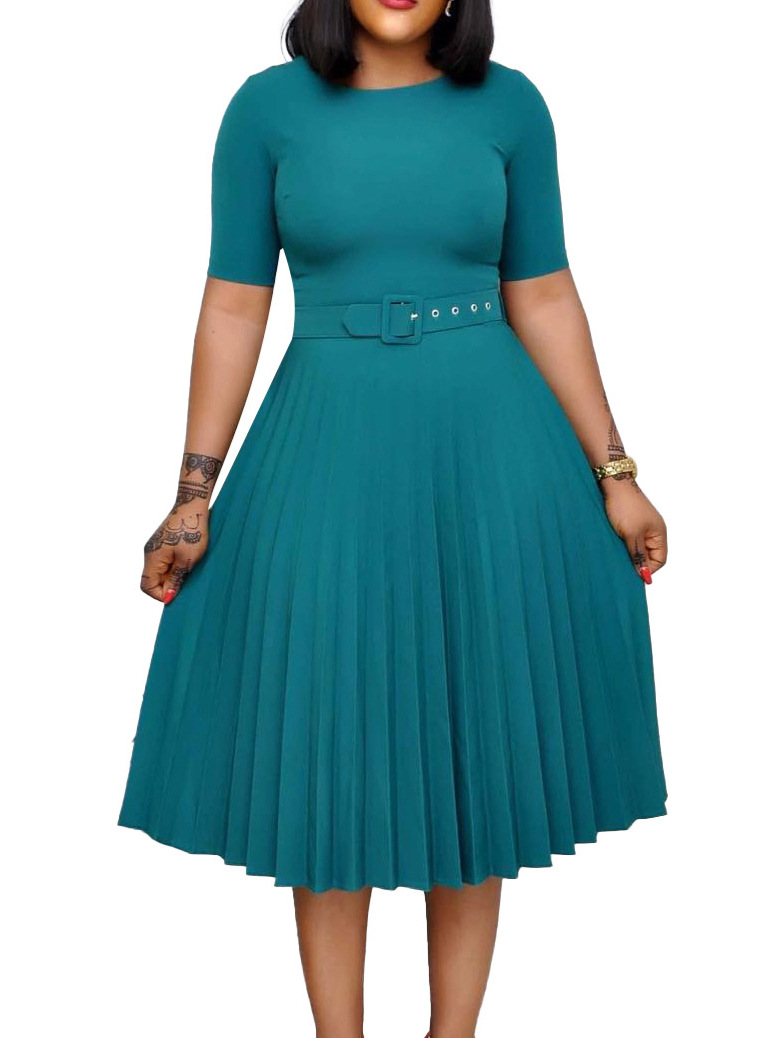 Picture of Q114 European and American women's 2025 summer new fashion round neck short sleeve solid color pleated elegant plus size African dress