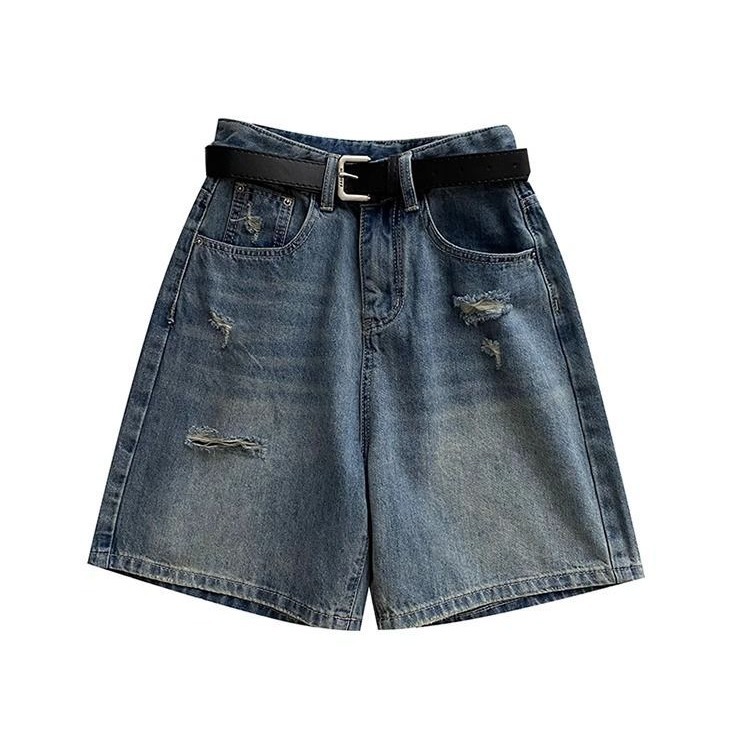 Picture of 2025 Summer Korean Style Five-Point Jeans Women's Fashionable Ripped Wide-Leg Straight Shorts Niche Slimming Look Mid-Pants