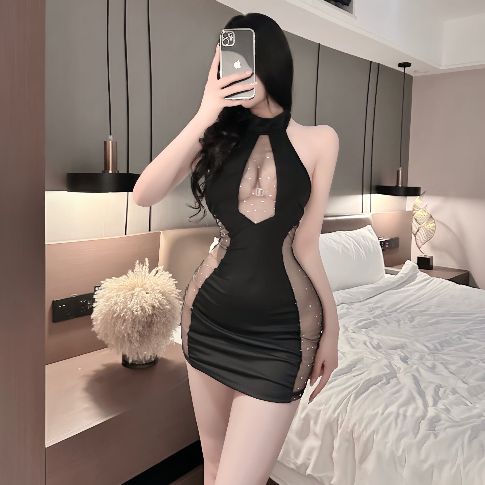Picture of Sexy Underwear Sexy French Style Retro Neck Collar Mesh Stitching Rhinestone Low-cut Backless dress Women