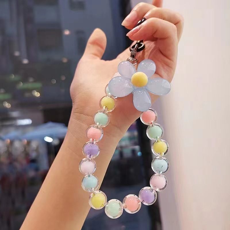 Macaron Color Color Beaded Beaded Mobile Phone Lanyard Japanese and Korean Ins Style Handmade Beaded Flower Mobile Phone Chain Wrist Lanyard