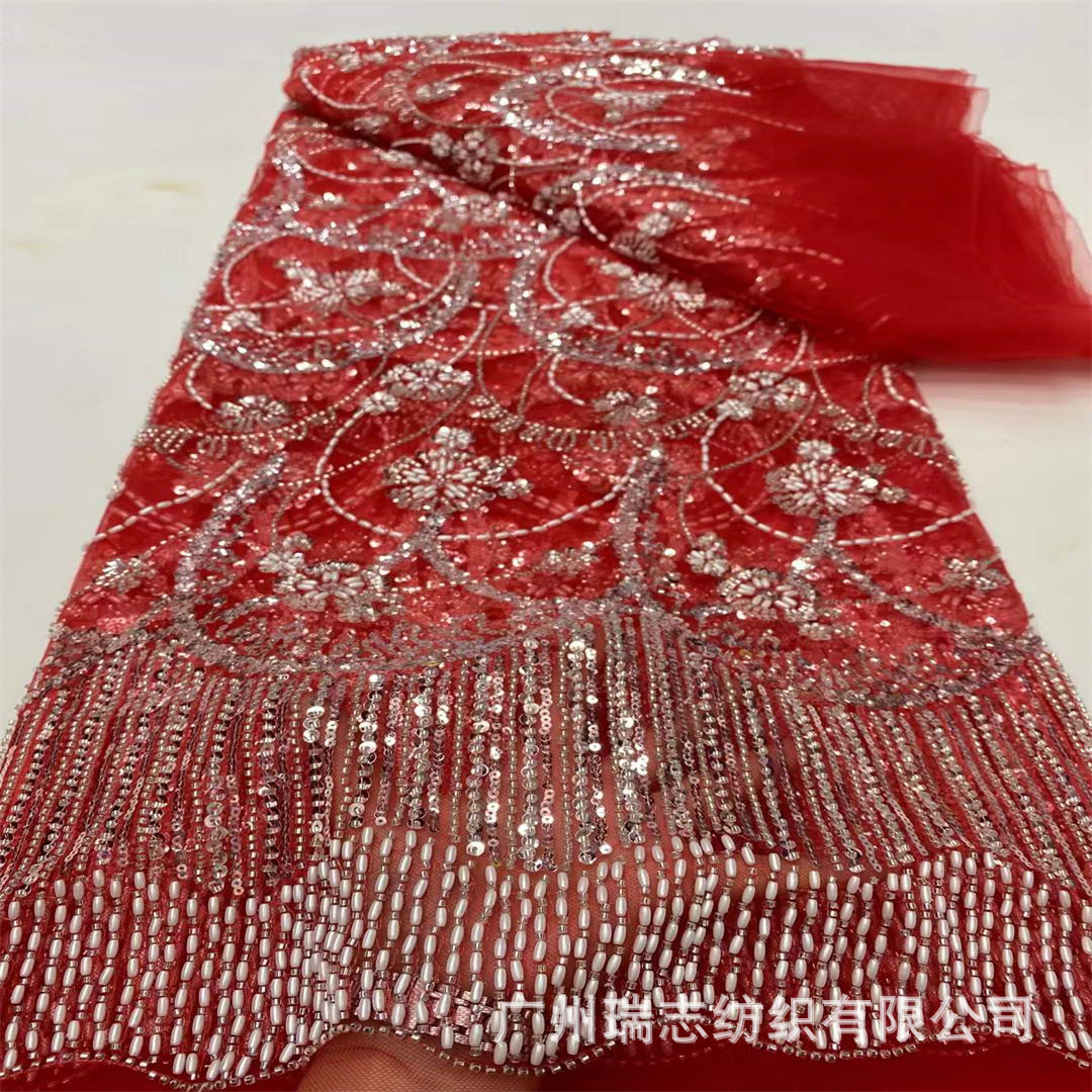 Chinese Style Cheongsam Mesh Bead Tube Embroidery Plant Flower Pattern Han Dynasty Fabric European and American Dress Lace Sequin Embroidery Lace