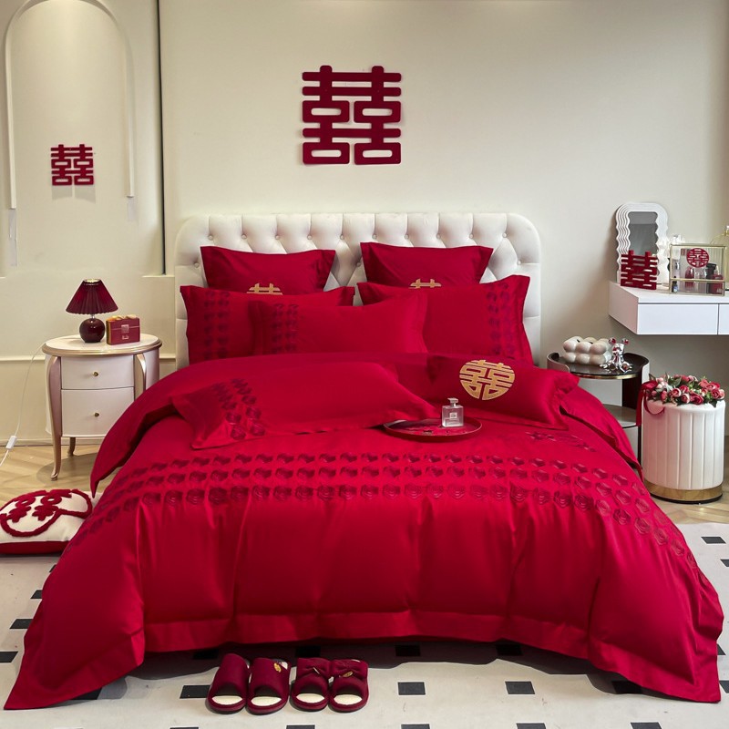 Picture of Chinese-style High-grade Wedding Four-piece Set Big Red Embroidered Wedding Dowry Quilt Cover Bed Sheet Newlywed Wedding Room Bedding