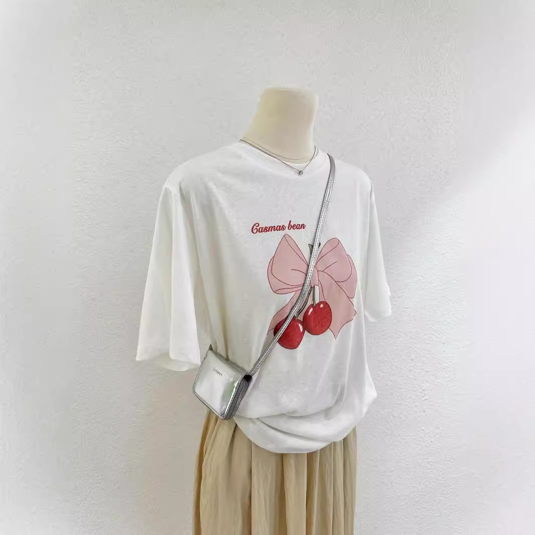 Super Handfeel Modal Bow Cherry Print White Short-sleeved T-shirt Women's Draped Thin Loose T-shirt Top