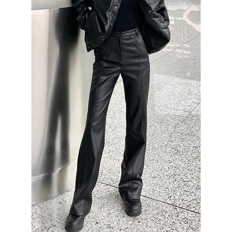 2024 Spring and Autumn New Fashion Slim-fit Leather Pants Women's High Street Slimming All-match Leather Pants Advanced Sense Casual Straight Leather Pants