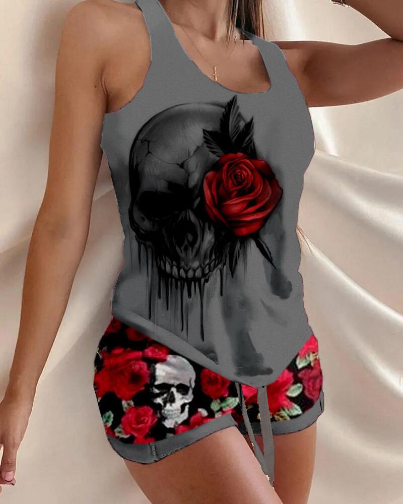 Picture of 2022 new retro I-shaped printed vest and drawstring waist shorts suit temperament commuter sleeveless women's clothing