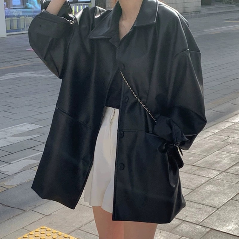 Picture of Korean Handsome Lapel Single-Breasted Leather Jacket for Women Autum New Loose and Versatile Imitation Leather Jacket Top Black