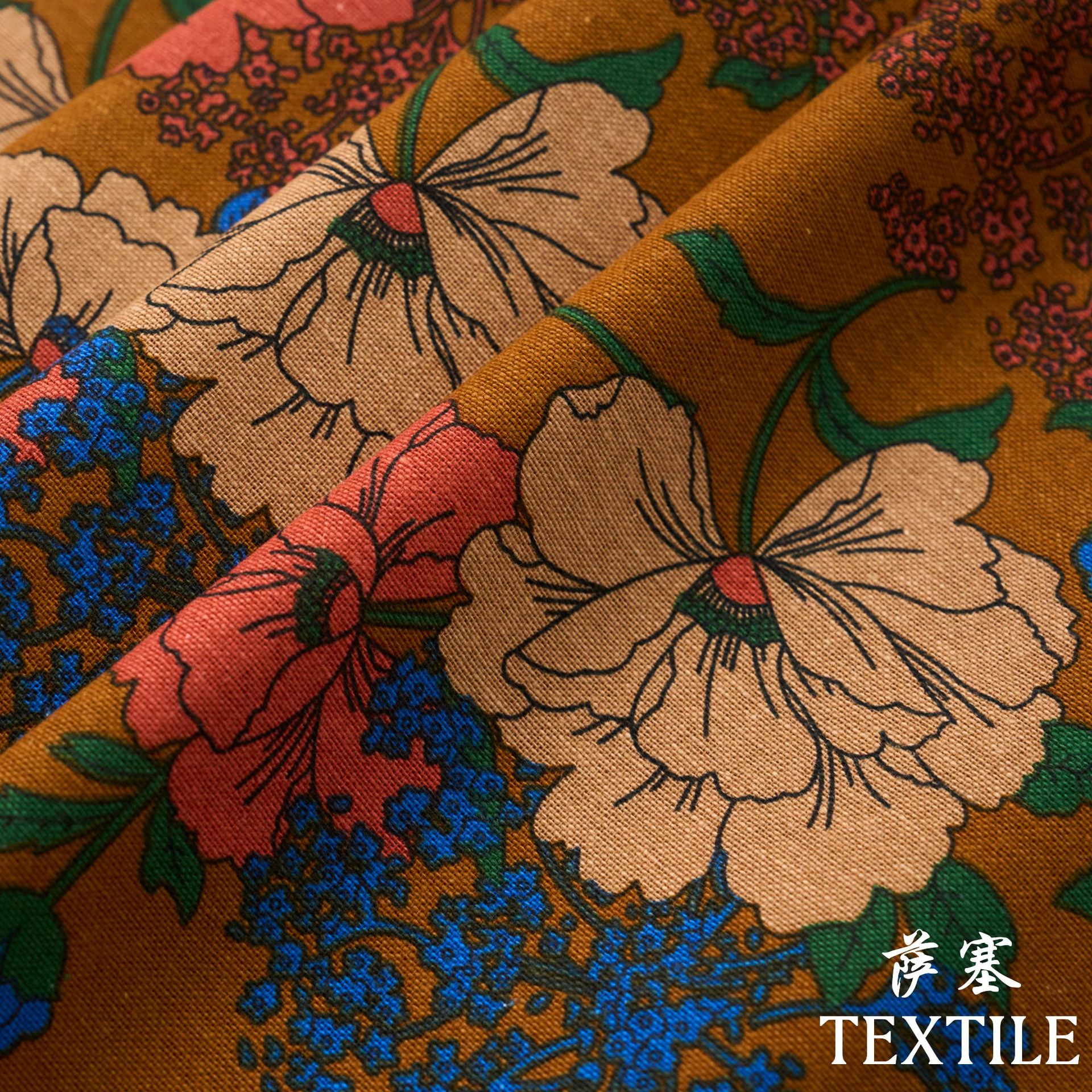 Picture of Pure Cotton Linen Floral Fabric Pastoral Style Fabric Floral Skirt dress Cloth Fresh Style Vintage Handmade Fabric