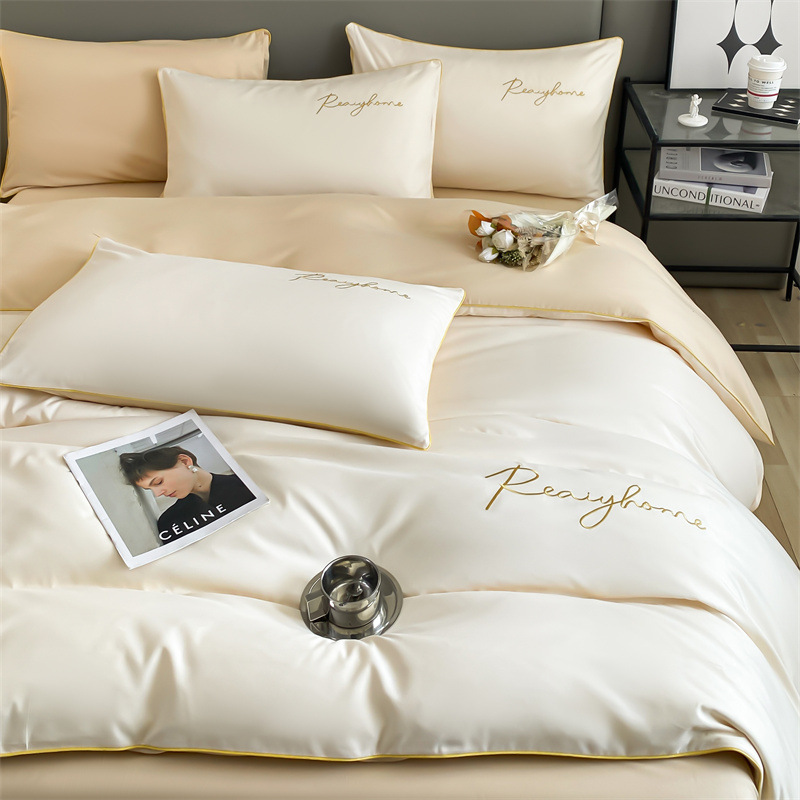 Picture of Solid color double four-piece set of style bed sheets home light luxury quilt cover washed cotton embroidered letter quilt cover three-piece set