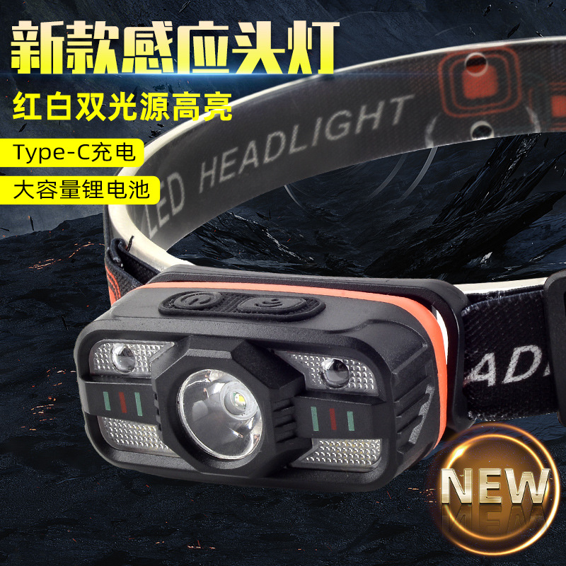 LED Outdoor Strong Light Headlight with COB Rechargeable Headlight Riding Night Fishing Running Light White and Red Double Light Cross-border